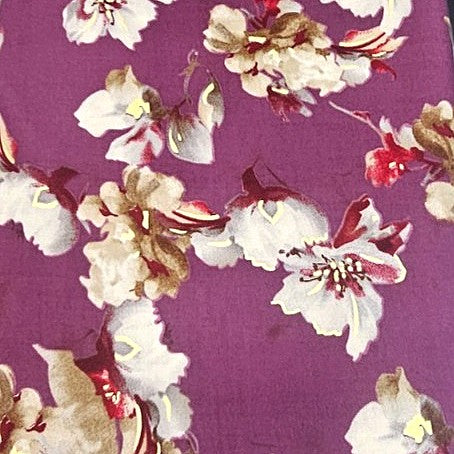 Purple Foil Print Rayon Fabric, laid flat