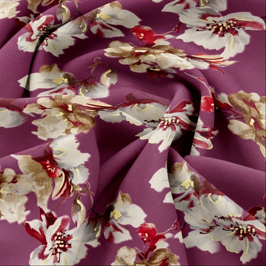 Swirled Purple Foil Print Rayon Fabric Showing Floral and Drape