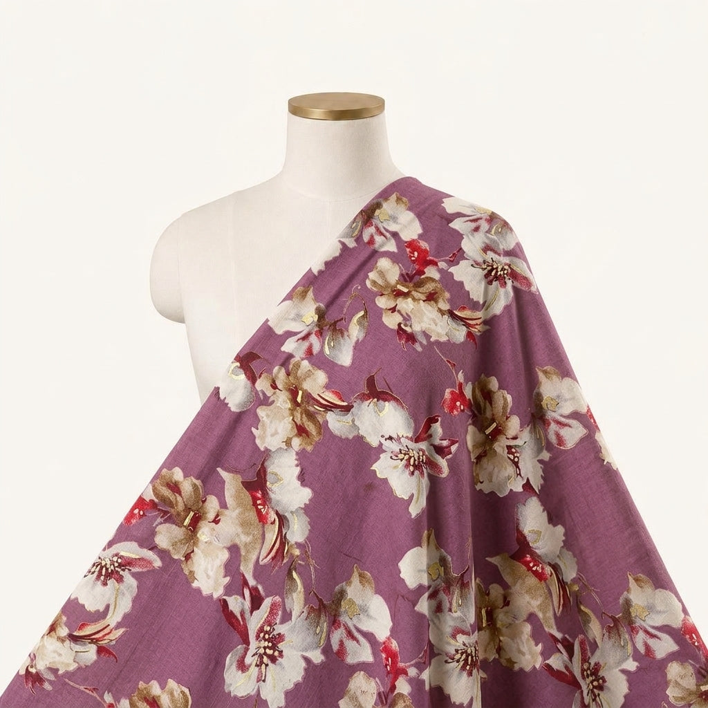 Purple Foil Print Rayon Fabric Draped as a saree