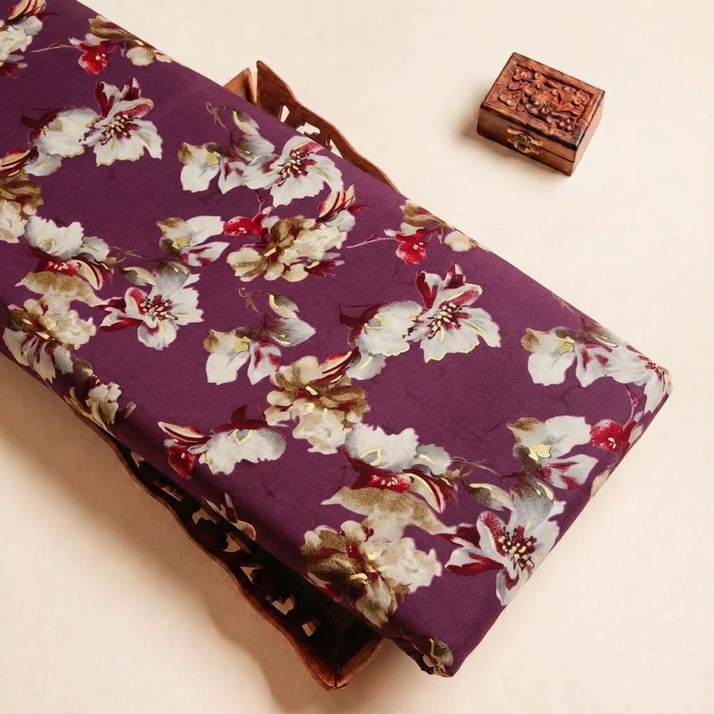 Folded Purple Foil Print Rayon Fabric Highlighting Floral and Texture