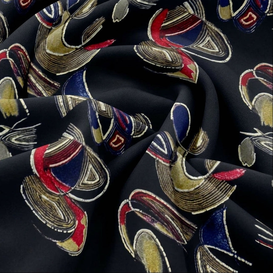 Swirled Black Foil Print Rayon Fabric Showing Abstract and Drape