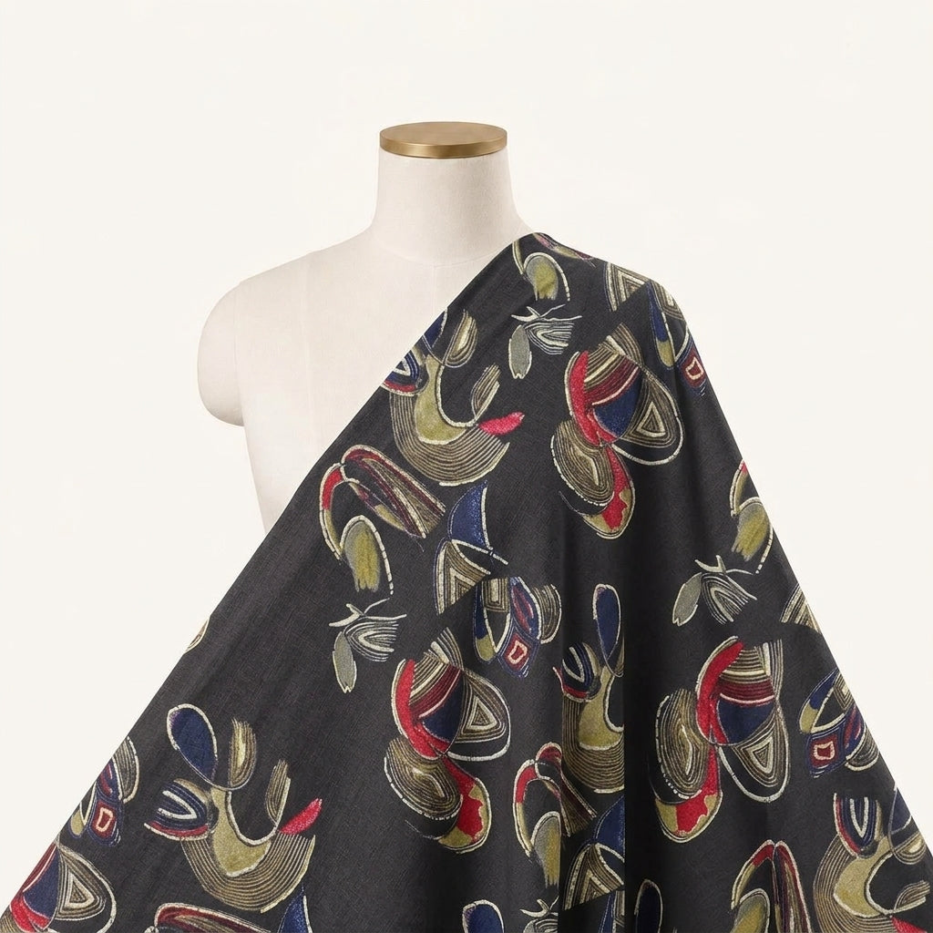 Black Foil Print Rayon Fabric Draped as a saree