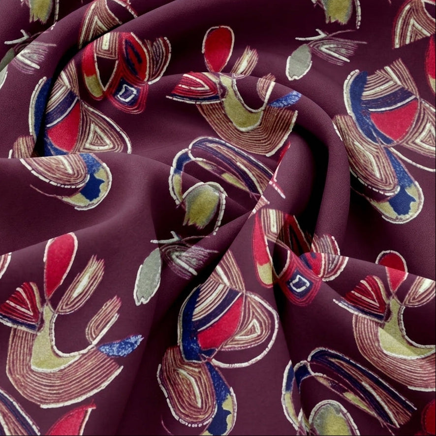 Swirled Purple Foil Print Rayon Fabric Showing Abstract and Drape