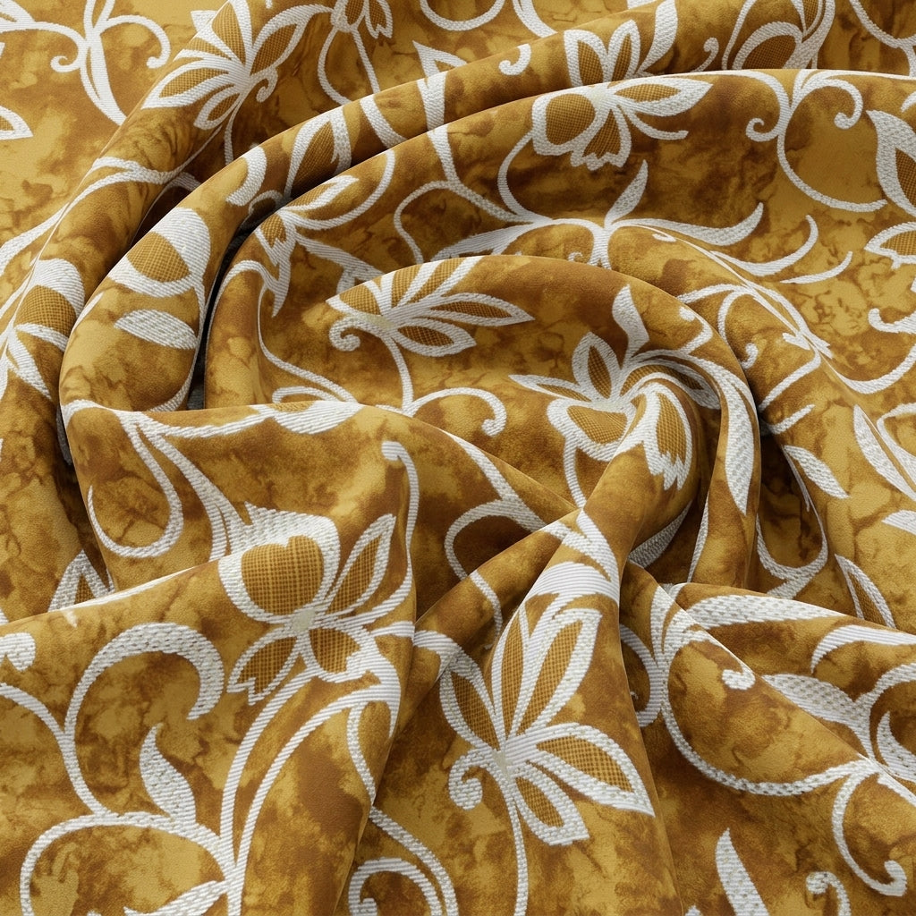 Swirled Yellow Foil Print Rayon Fabric Showing Floral and Drape