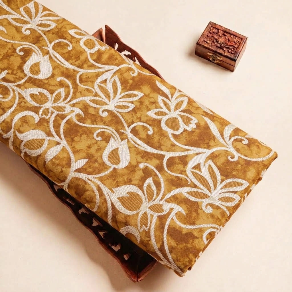 Folded Yellow Foil Print Rayon Fabric Highlighting Floral and Texture