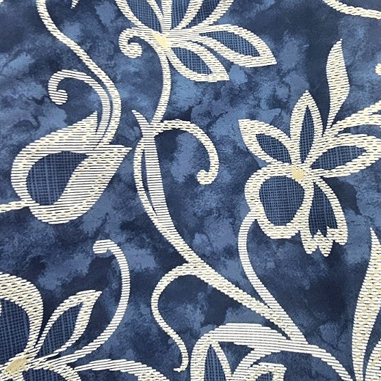 Blue Foil Print Rayon Fabric, laid flat