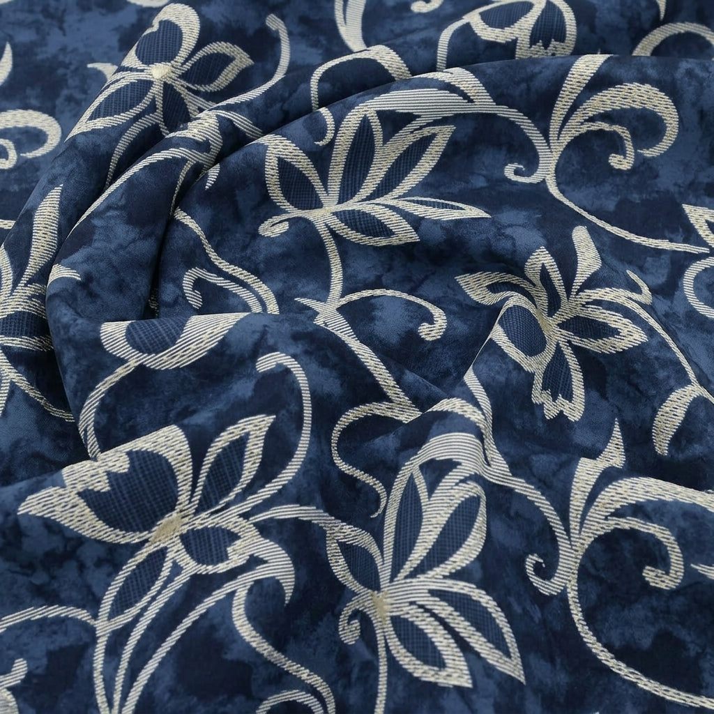 Swirled Blue Foil Print Rayon Fabric Showing Floral and Drape