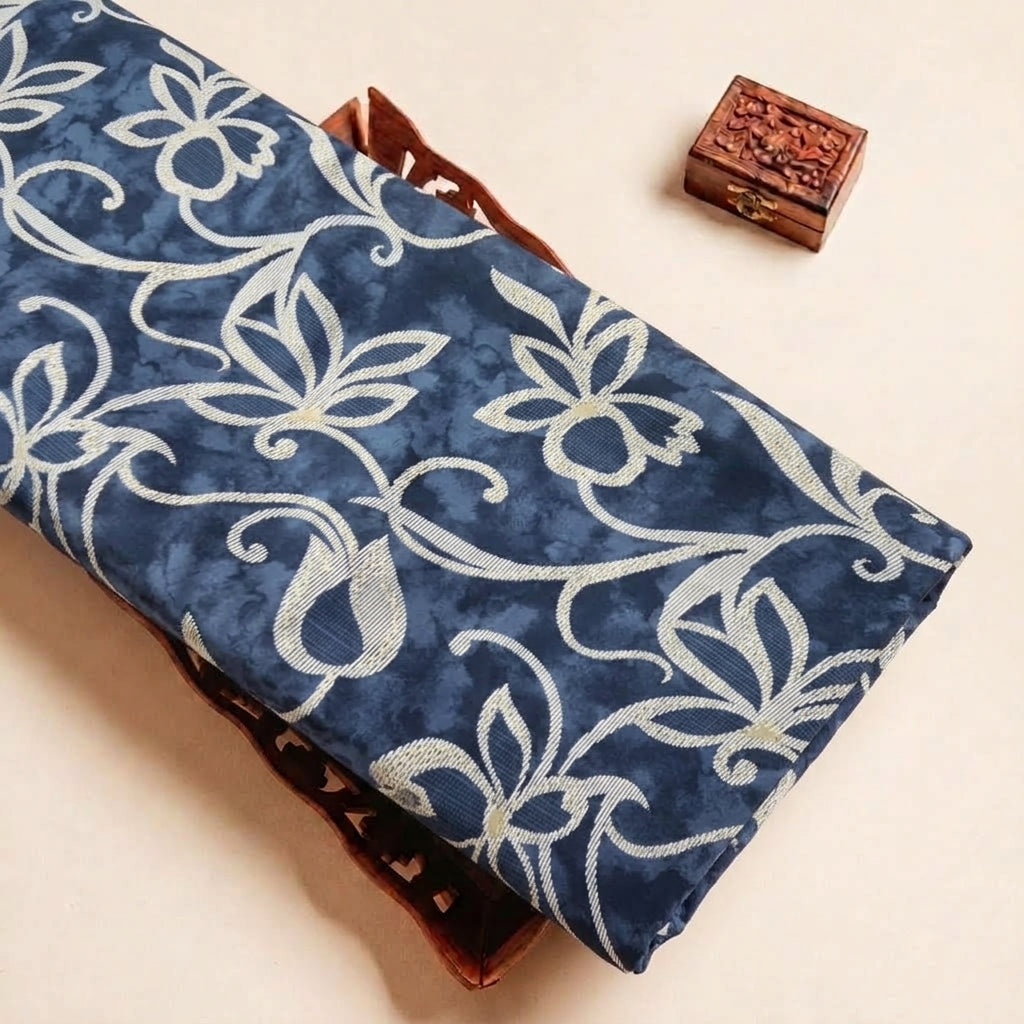 Folded Blue Foil Print Rayon Fabric Highlighting Floral and Texture