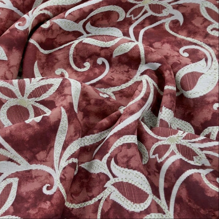 Swirled Pink Foil Print Rayon Fabric Showing Floral and Drape