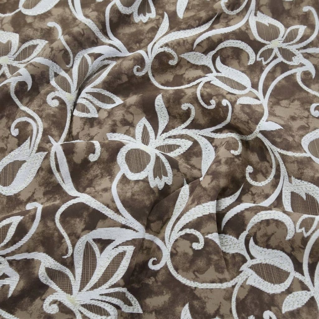 Swirled Brown Foil Print Rayon Fabric Showing Floral and Drape