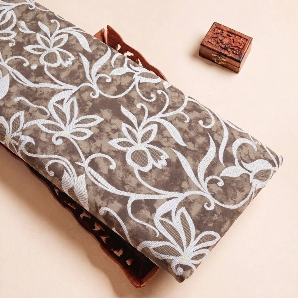 Folded Brown Foil Print Rayon Fabric Highlighting Floral and Texture