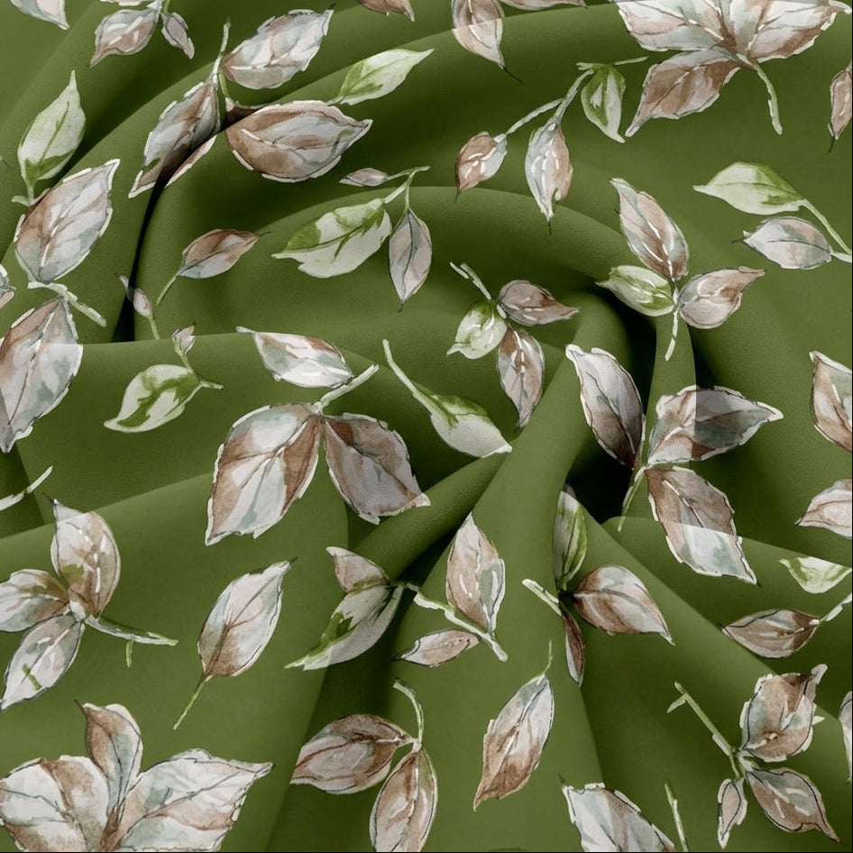 Swirled Green Foil Print Rayon Fabric Showing Leaf and Drape