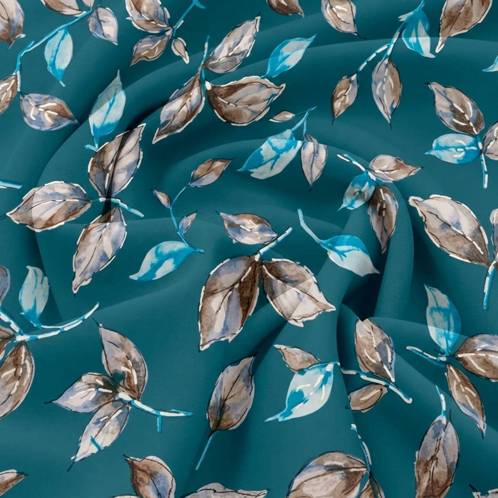 Swirled Blue Foil Print Rayon Fabric Showing Leaf and Drape