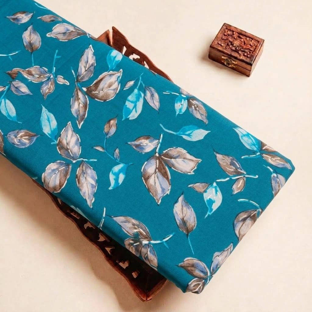 Folded Blue Foil Print Rayon Fabric Highlighting Leaf and Texture