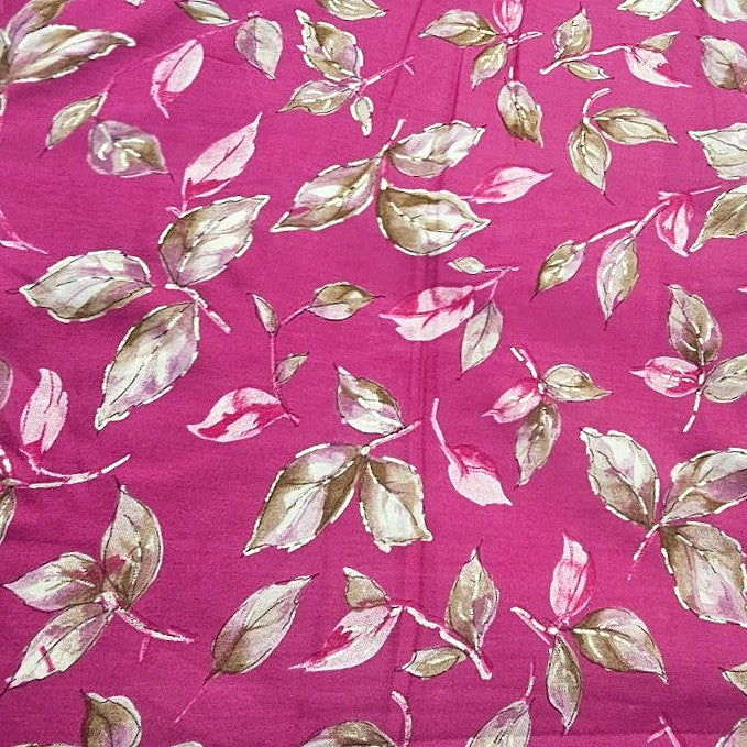 Pink Foil Print Rayon Fabric, laid flat