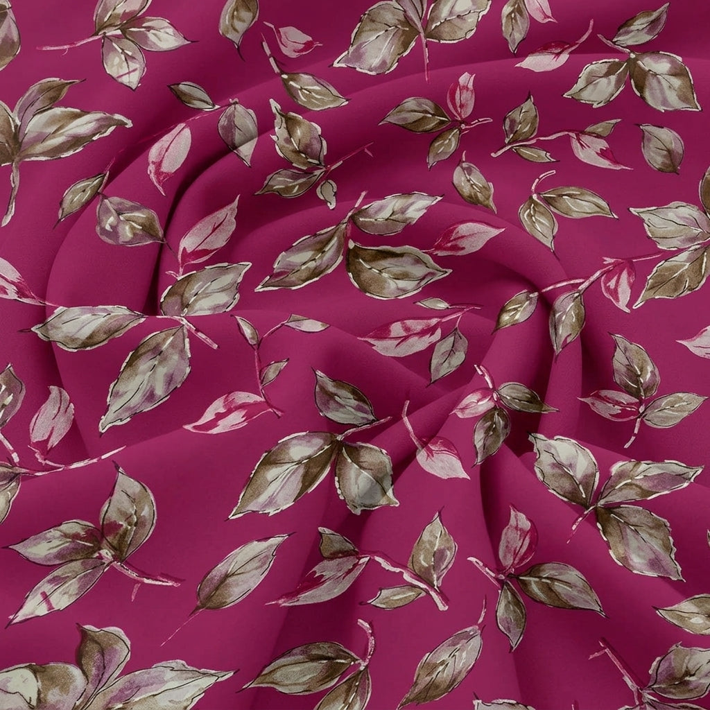 Swirled Pink Foil Print Rayon Fabric Showing Leaf and Drape