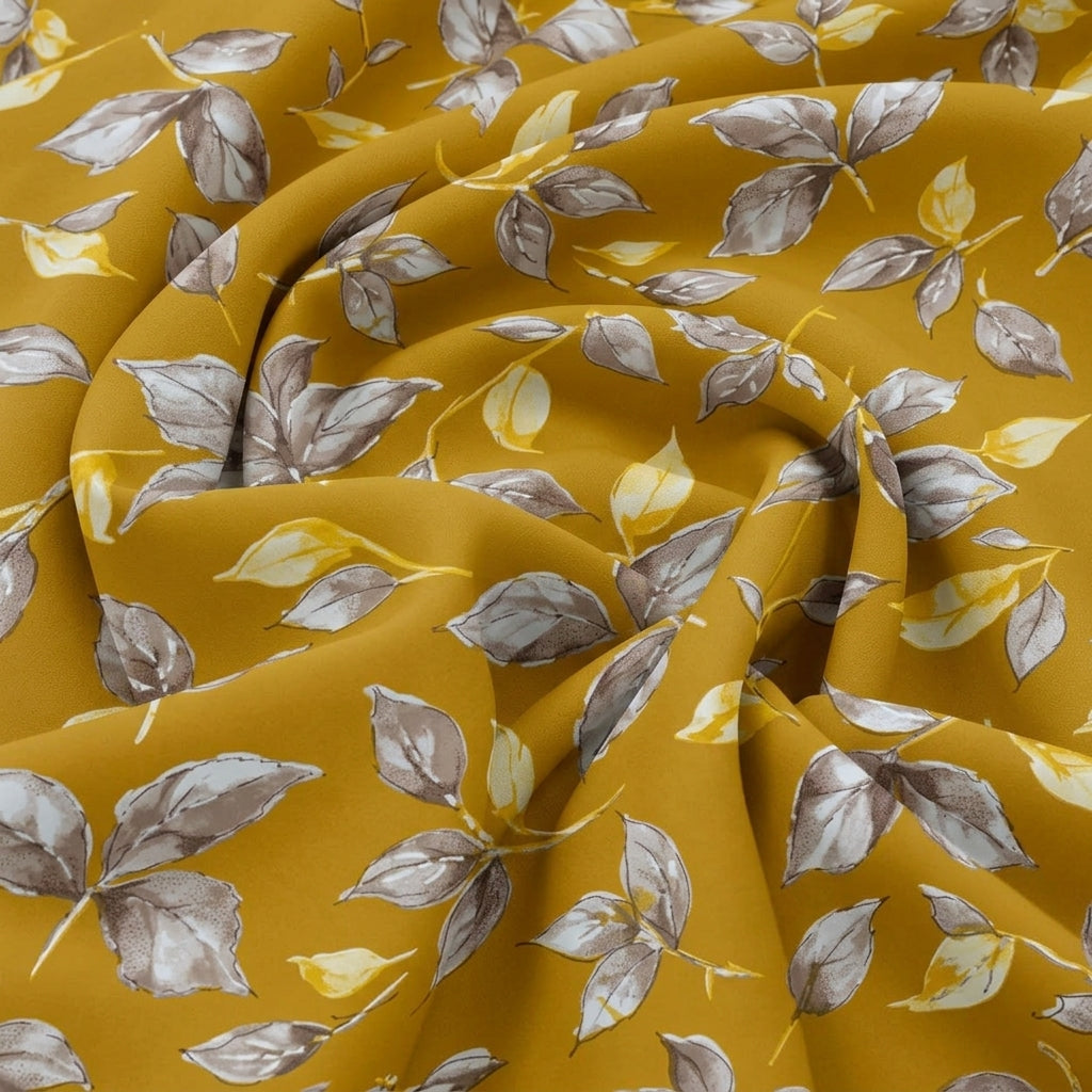 Swirled Yellow Foil Print Rayon Fabric Showing Leaf and Drape