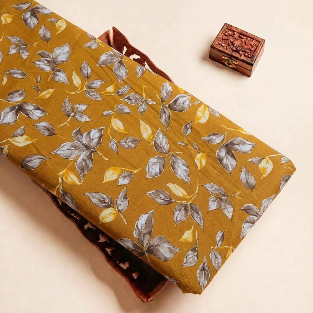 Folded Yellow Foil Print Rayon Fabric Highlighting Leaf and Texture