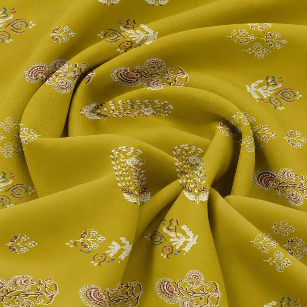 Swirled Yellow Foil Print Rayon Fabric Showing Floral and Drape