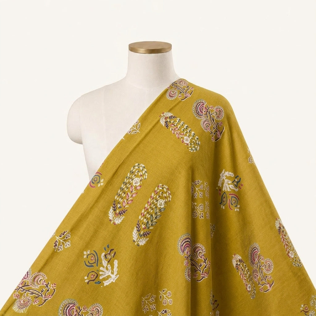 Yellow Foil Print Rayon Fabric Draped as a saree