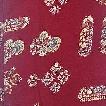 Maroon Foil Print Rayon Fabric, laid flat