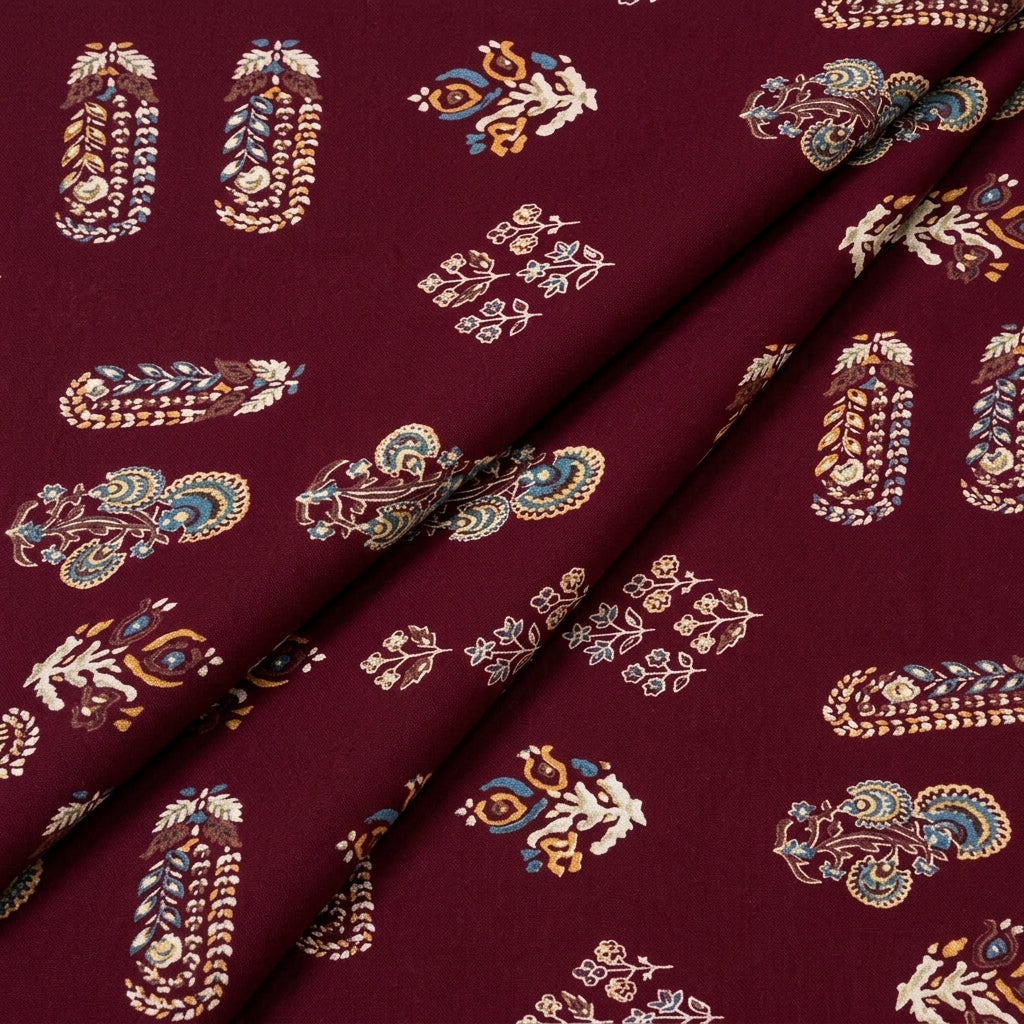 Maroon Foil Print Rayon Fabric, folded