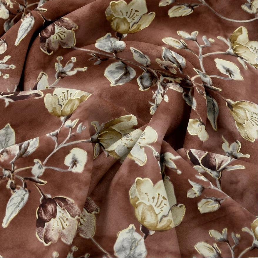 Swirled Mauve Foil Print Rayon Fabric Showing Floral and Drape