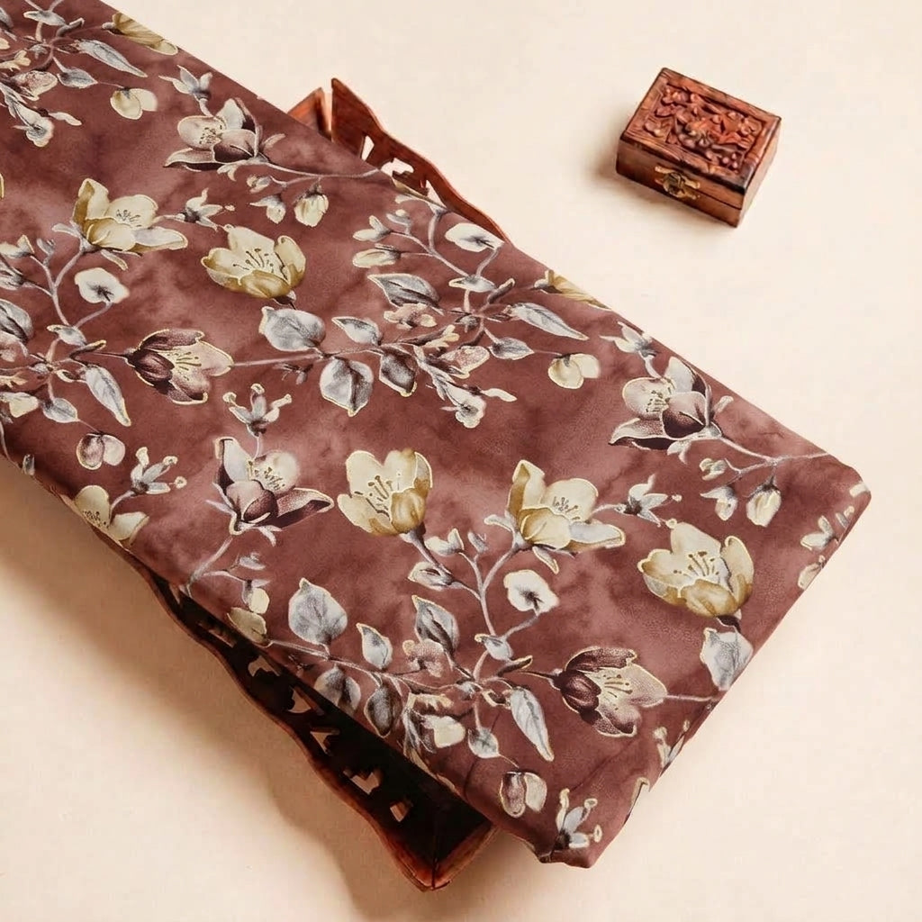 Folded Mauve Foil Print Rayon Fabric Highlighting Floral and Texture