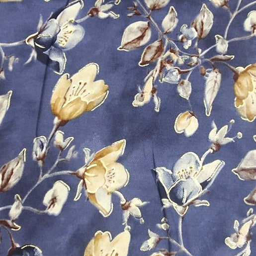 Blue Foil Print Rayon Fabric, laid flat