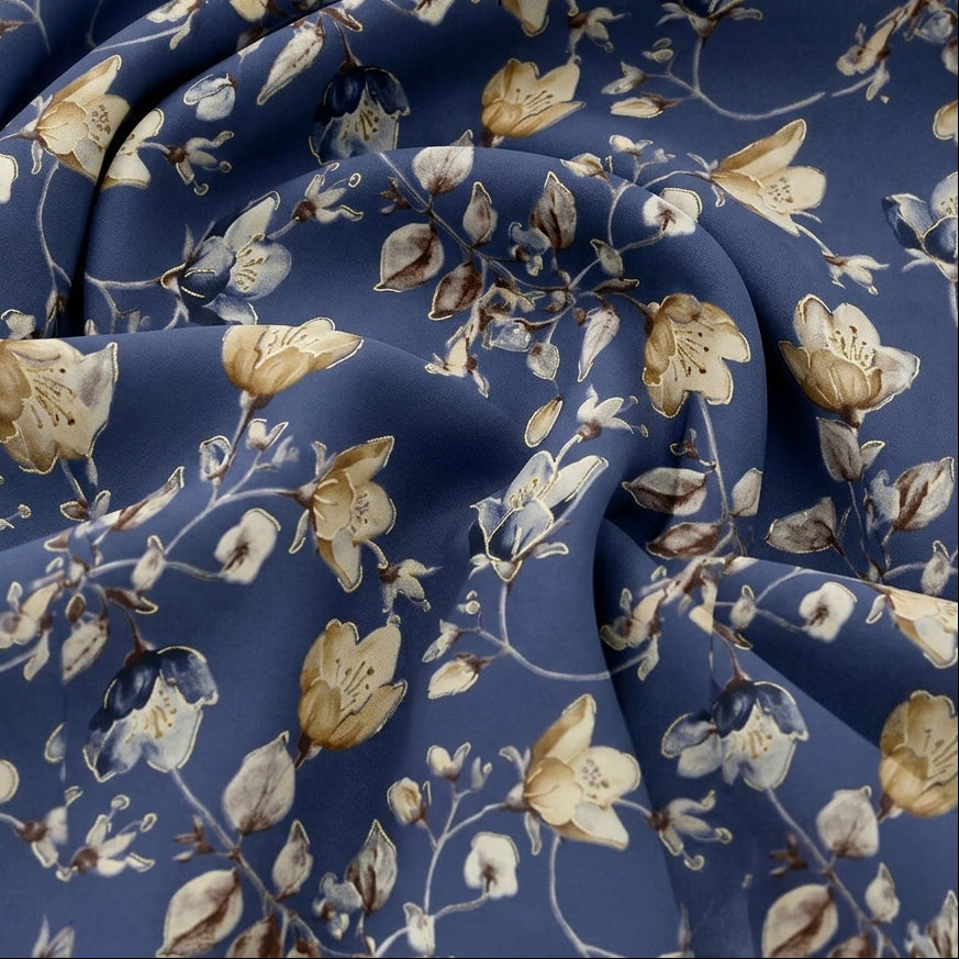 Swirled Blue Foil Print Rayon Fabric Showing Floral and Drape