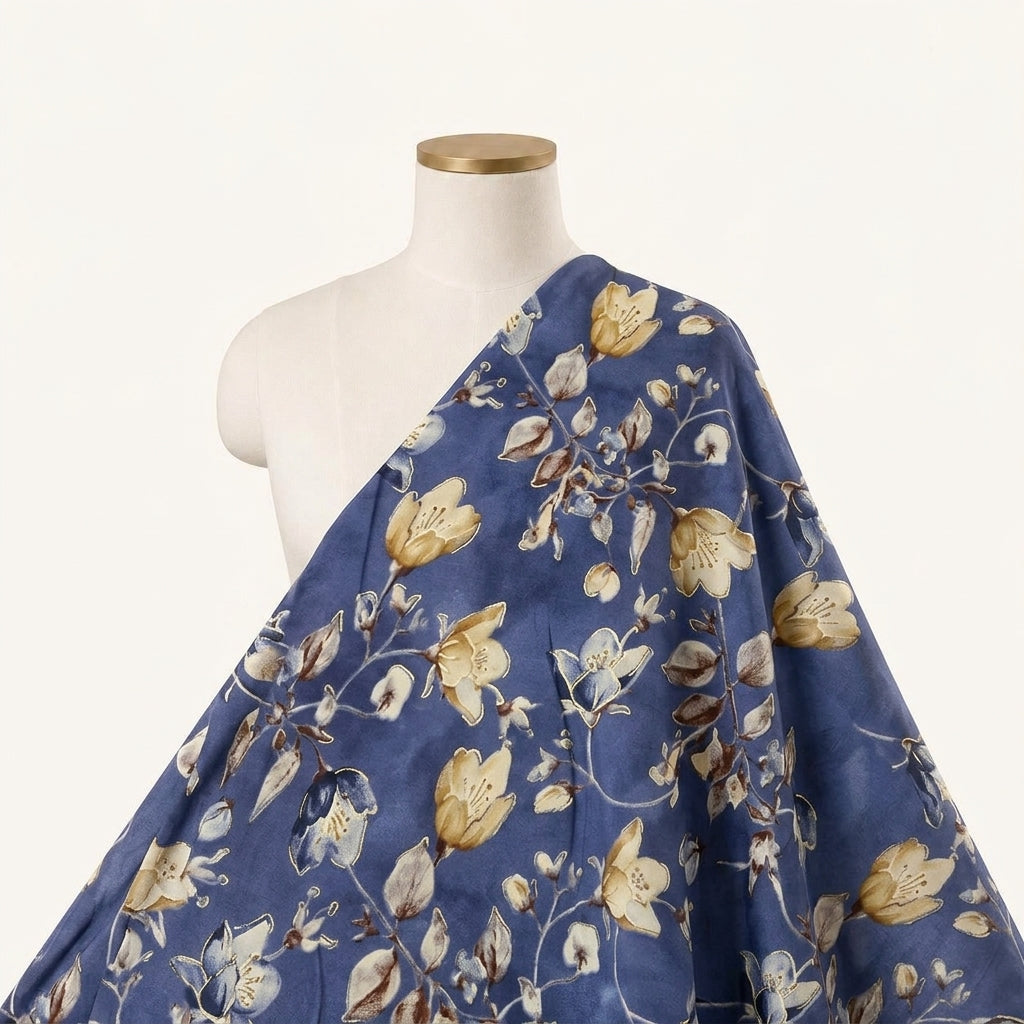 Blue Foil Print Rayon Fabric Draped as a saree