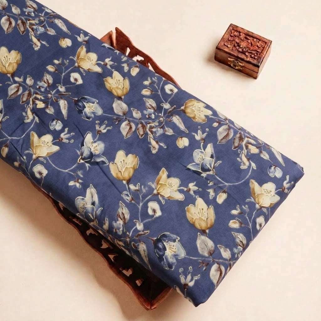 Folded Blue Foil Print Rayon Fabric Highlighting Floral and Texture