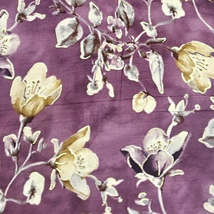 Purple Foil Print Rayon Fabric, laid flat