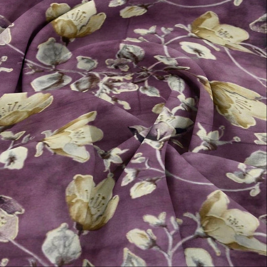 Swirled Purple Foil Print Rayon Fabric Showing Drape