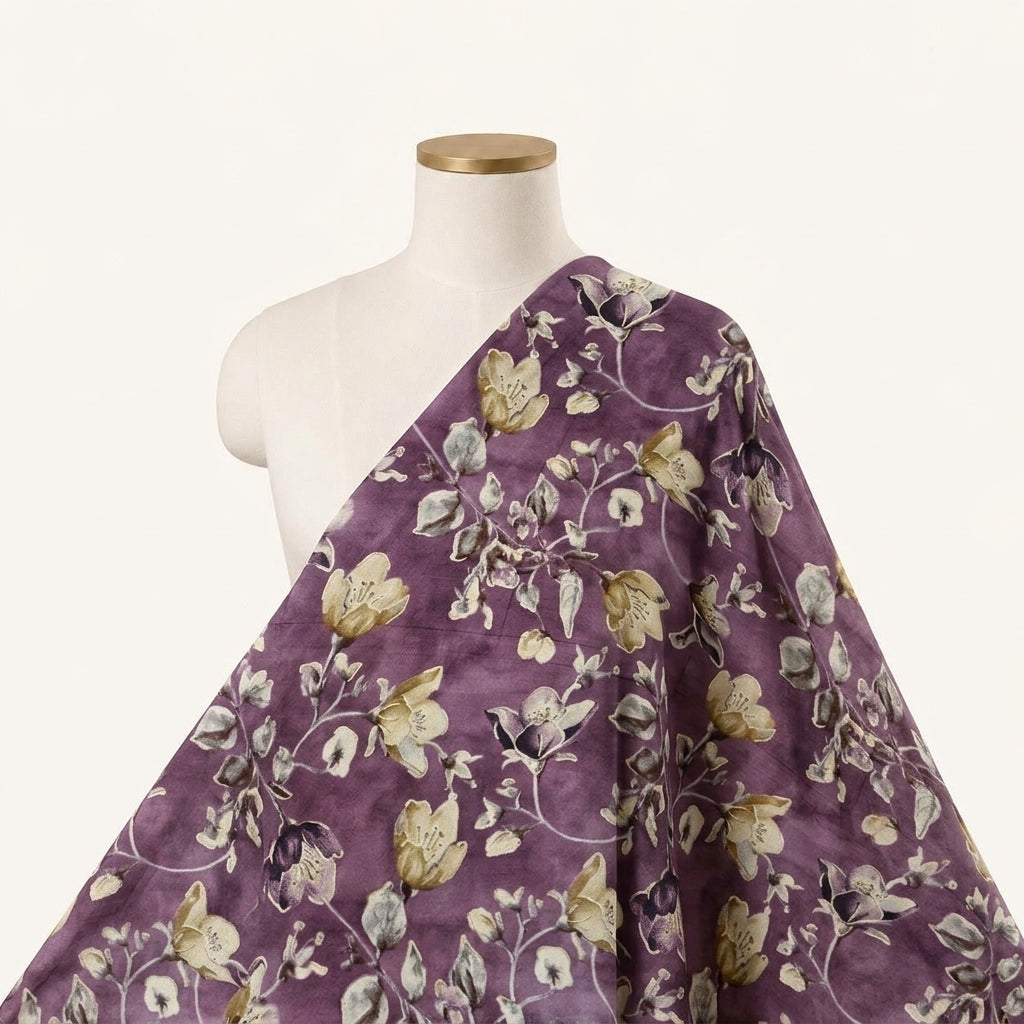 Purple Foil Print Rayon Fabric Draped as a saree