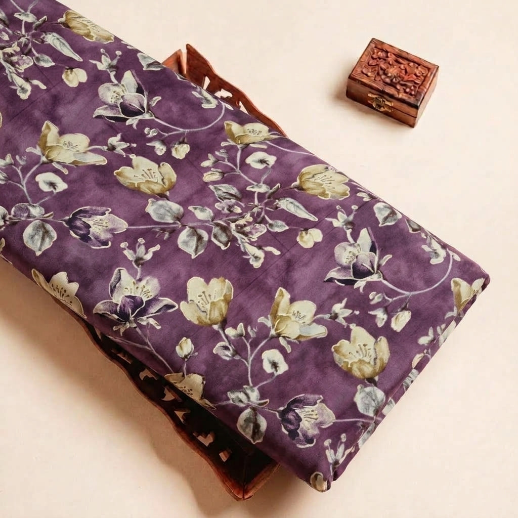 Folded Purple Foil Print Rayon Fabric Highlighting Texture