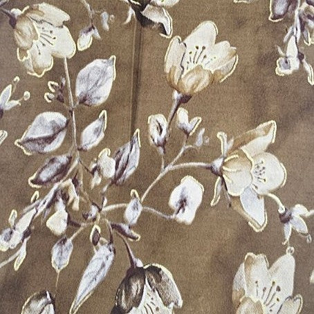 Brown Foil Print Rayon Fabric, laid flat