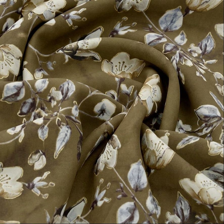 Swirled Brown Foil Print Rayon Fabric Showing Drape