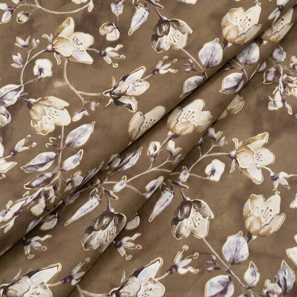 Brown Foil Print Rayon Fabric, folded