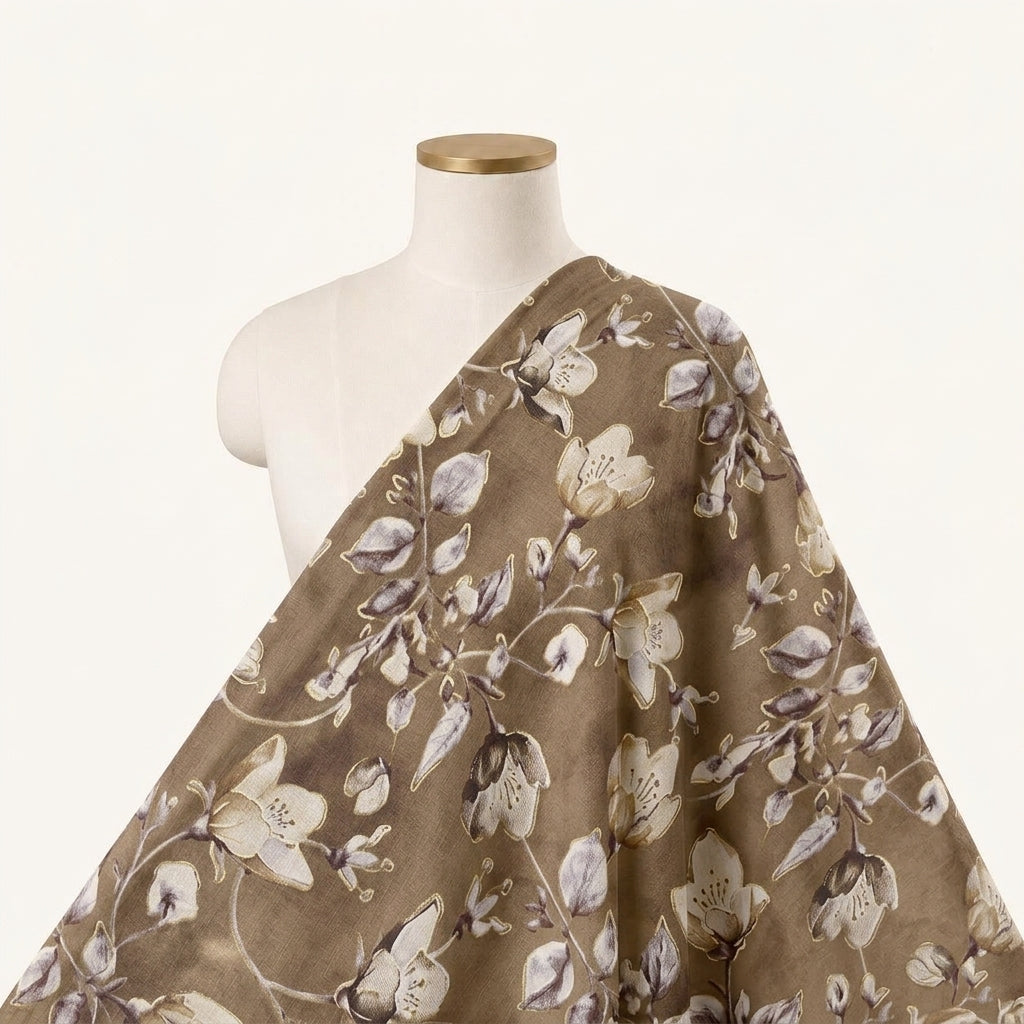 Brown Foil Print Rayon Fabric Draped as a saree