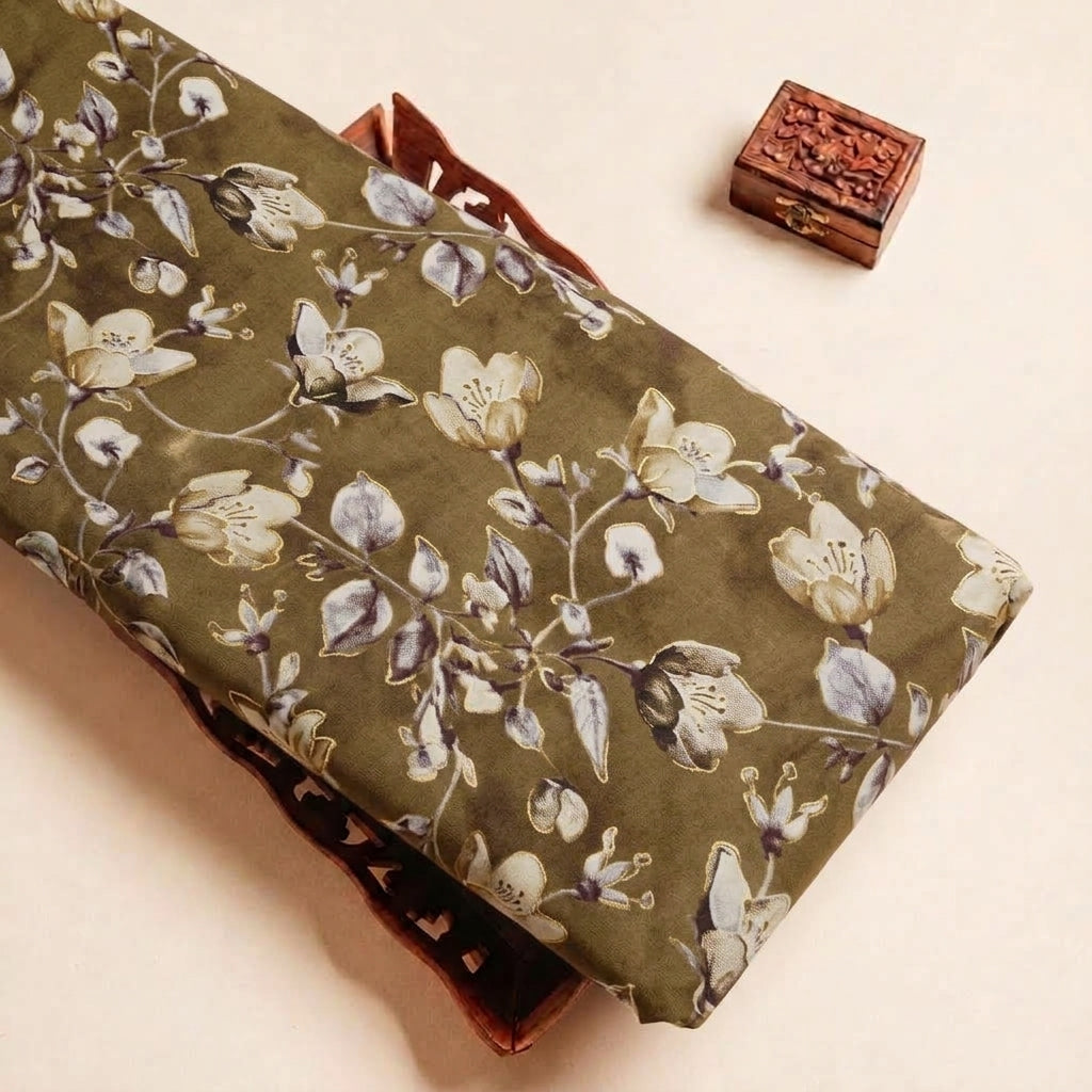 Folded Brown Foil Print Rayon Fabric Highlighting Texture