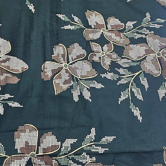 Green Floral Rayon Fabric, laid flat