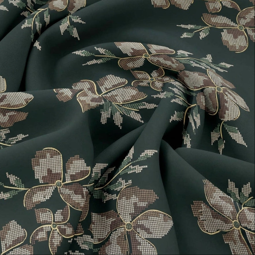 Swirled Green Floral Rayon Fabric Showing Foil and Drape