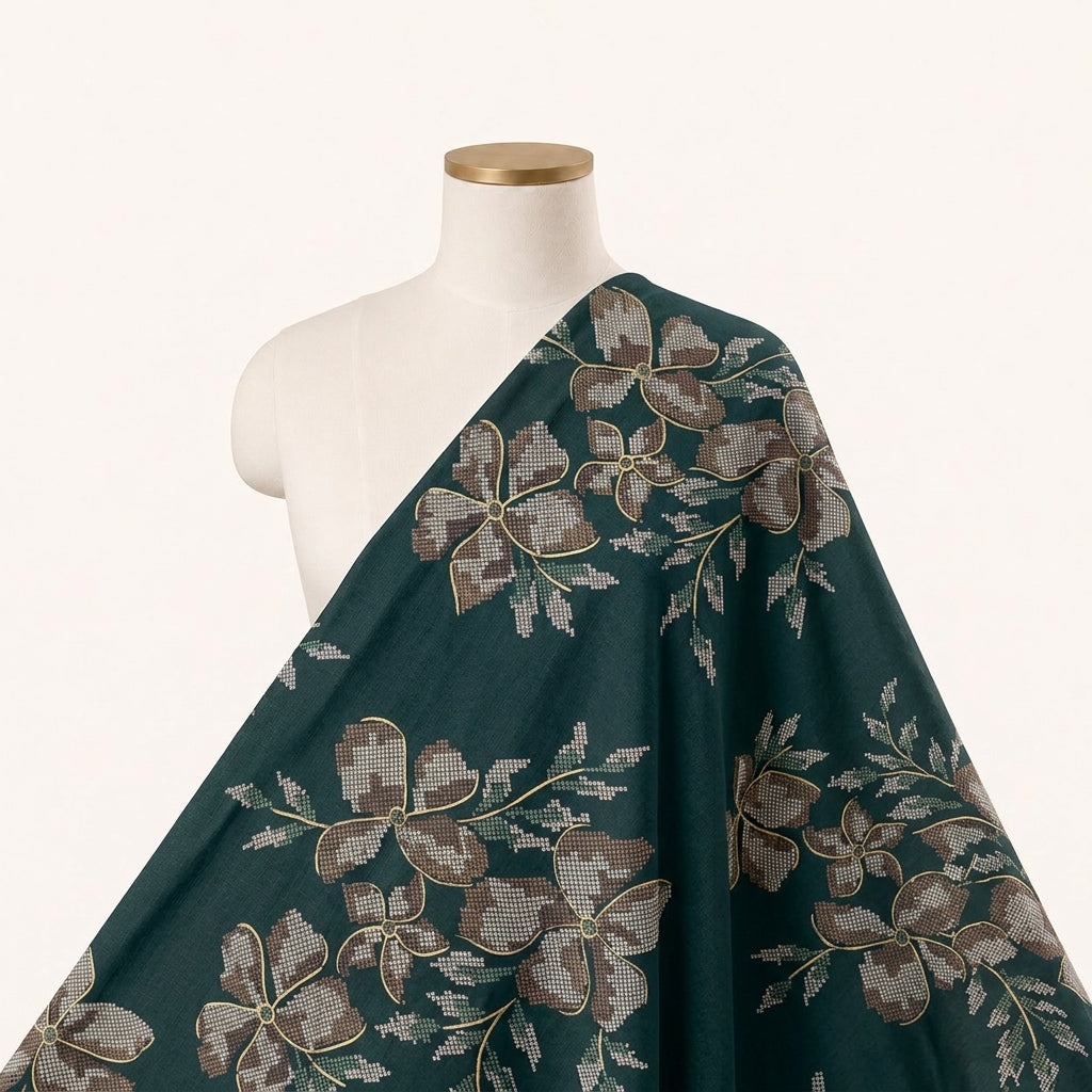Green Floral Rayon Fabric Draped as a saree