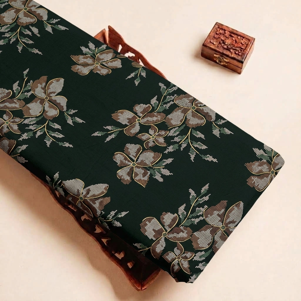 Folded Green Floral Rayon Fabric Highlighting Foil and Texture