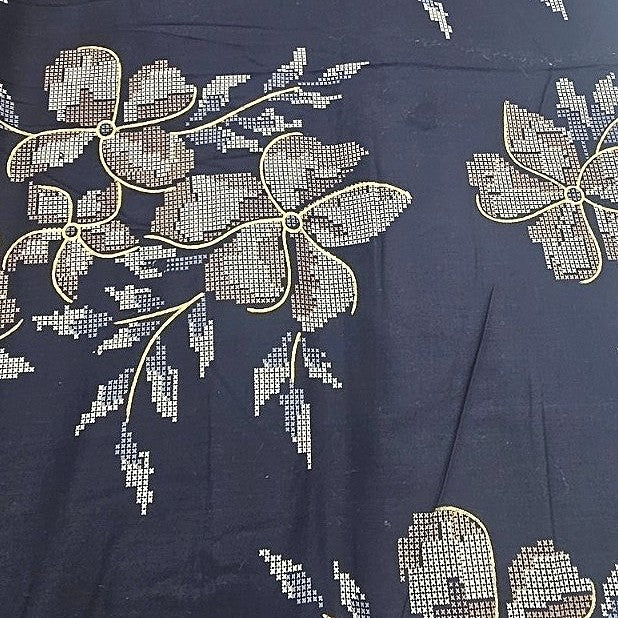 Navy Blue Floral Rayon Fabric, laid flat
