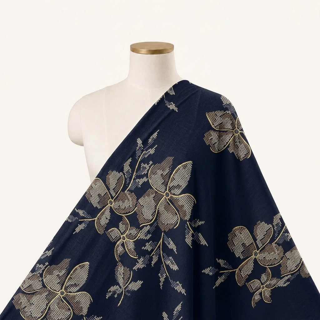 Navy Blue Floral Rayon Fabric Draped as a saree
