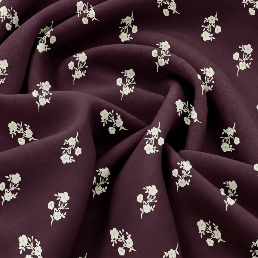 Swirled Wine Floral Rayon Fabric Showing Drape