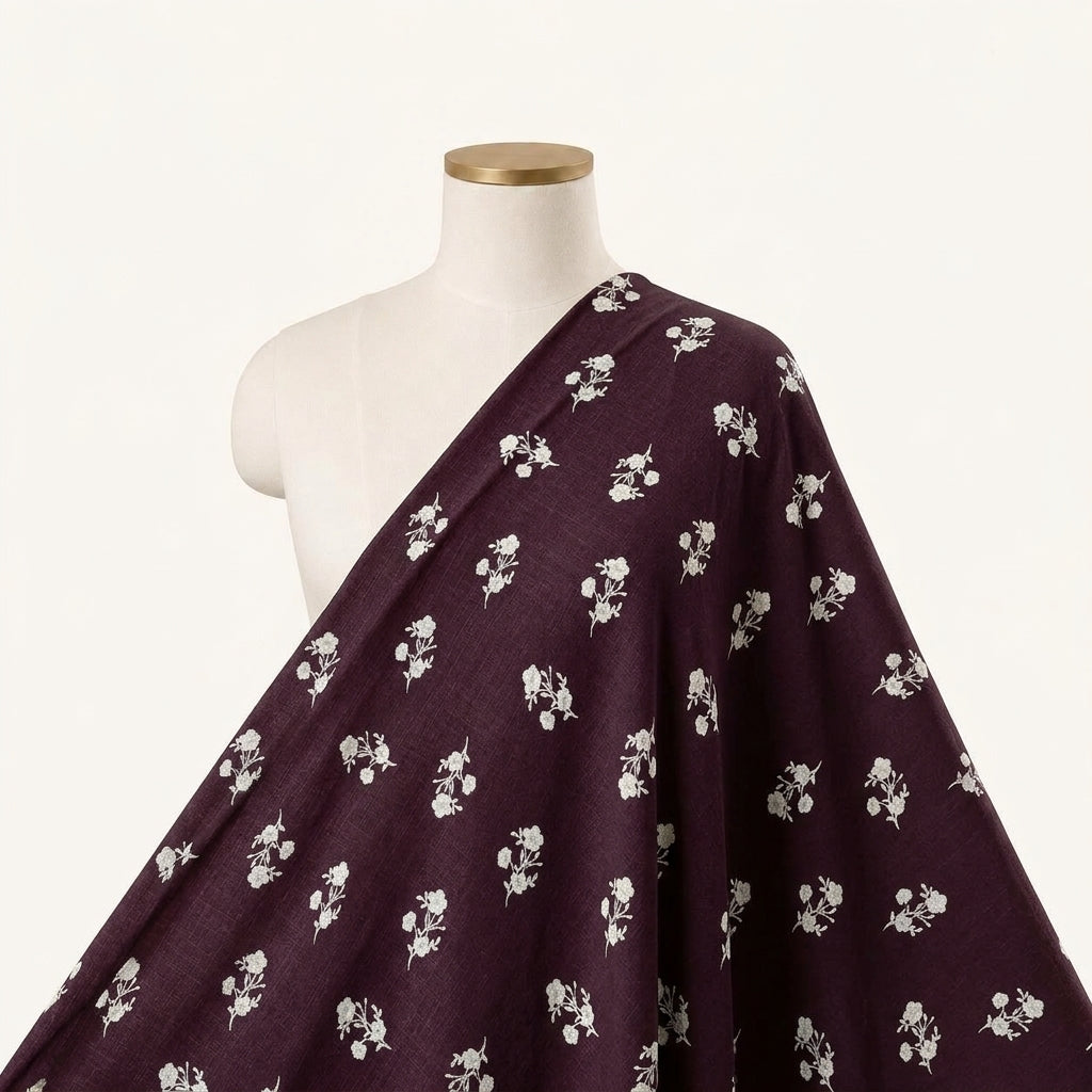 Wine Floral Rayon Fabric Draped as a saree