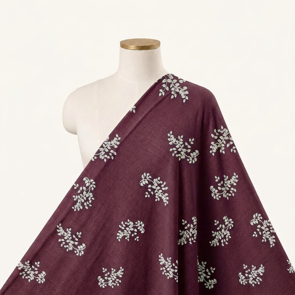 Wine Floral Rayon Fabric Draped as a saree
